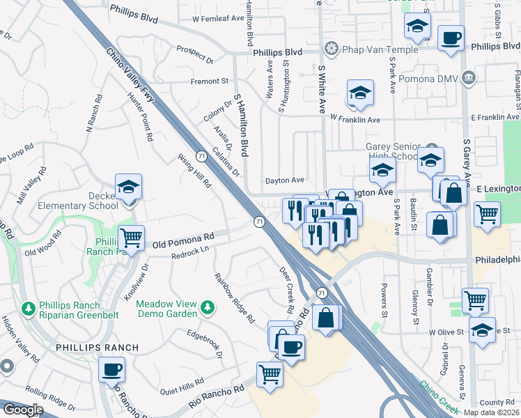 map of restaurants, bars, coffee shops, grocery stores, and more near 1045 West Lexington Avenue in Pomona