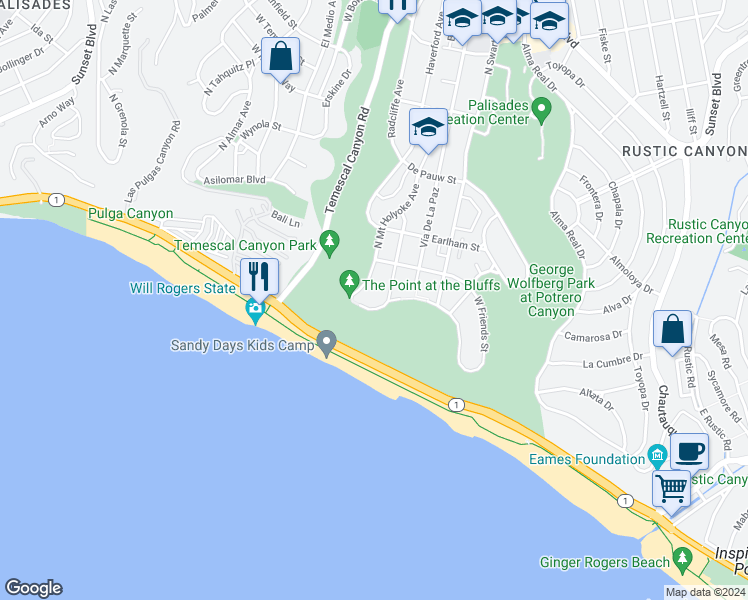 map of restaurants, bars, coffee shops, grocery stores, and more near 15515 Vía De Las Olas in Los Angeles