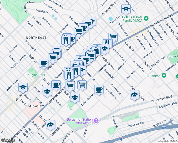 map of restaurants, bars, coffee shops, grocery stores, and more near 3012 Santa Monica Boulevard in Santa Monica