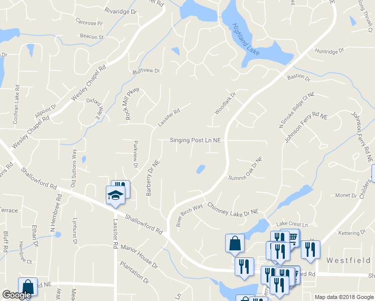 map of restaurants, bars, coffee shops, grocery stores, and more near 3525 Nettle Lane Northeast in Roswell