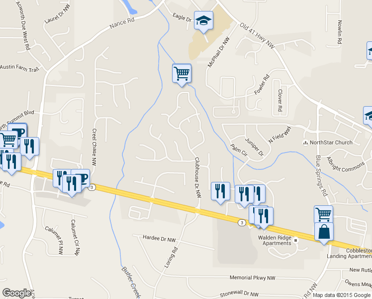 map of restaurants, bars, coffee shops, grocery stores, and more near 135 Clubhouse Drive Northwest in Kennesaw