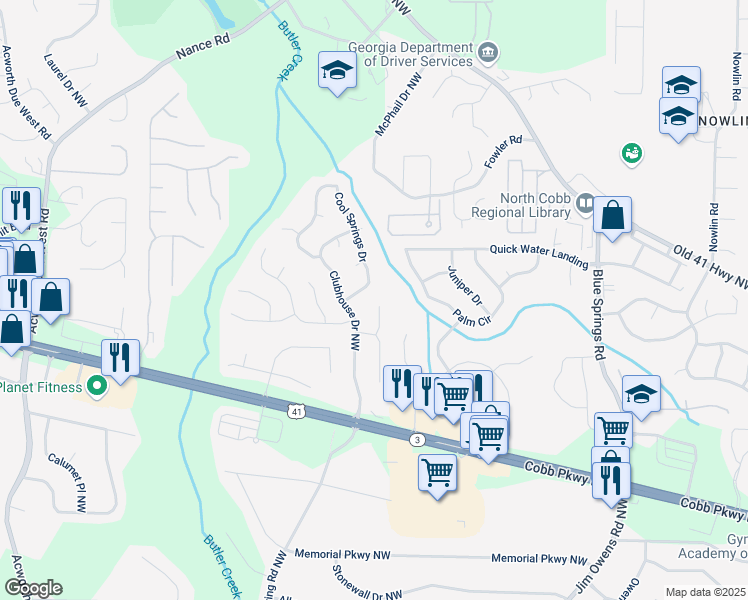 map of restaurants, bars, coffee shops, grocery stores, and more near 313 Clubhouse Court Northwest in Kennesaw