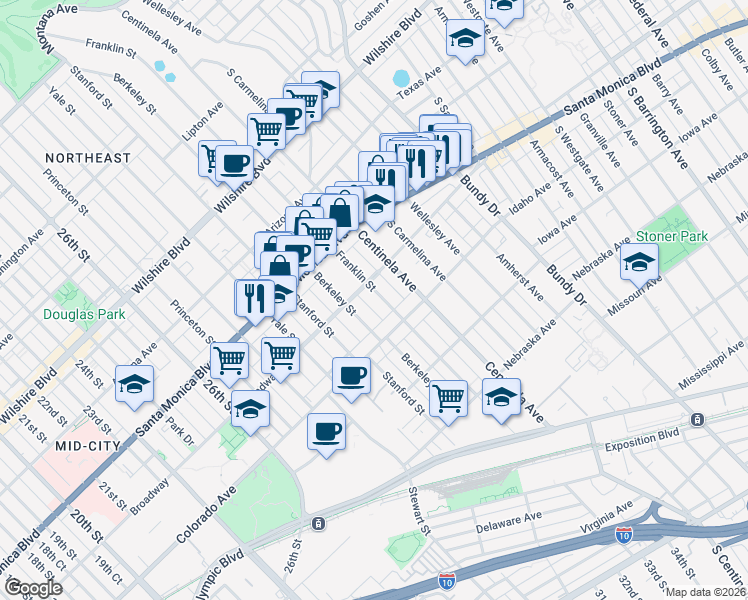 map of restaurants, bars, coffee shops, grocery stores, and more near 1503 Franklin Street in Santa Monica