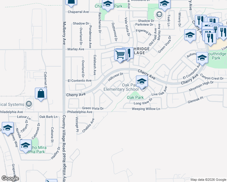 map of restaurants, bars, coffee shops, grocery stores, and more near 11971 Rancherias Drive in Fontana