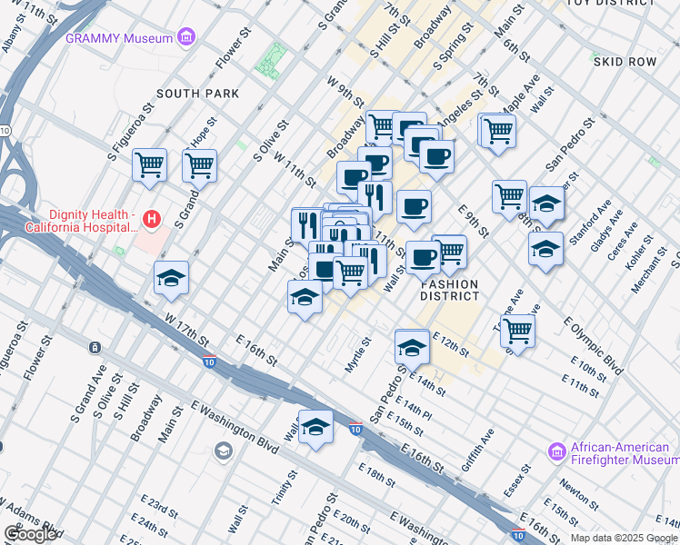 map of restaurants, bars, coffee shops, grocery stores, and more near 1150 Santee Street in Los Angeles