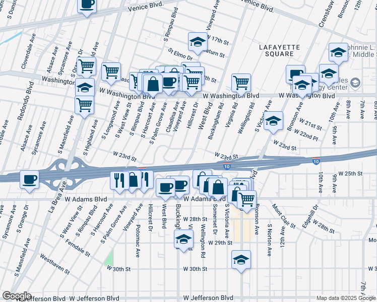 map of restaurants, bars, coffee shops, grocery stores, and more near 2229 West Boulevard in Los Angeles