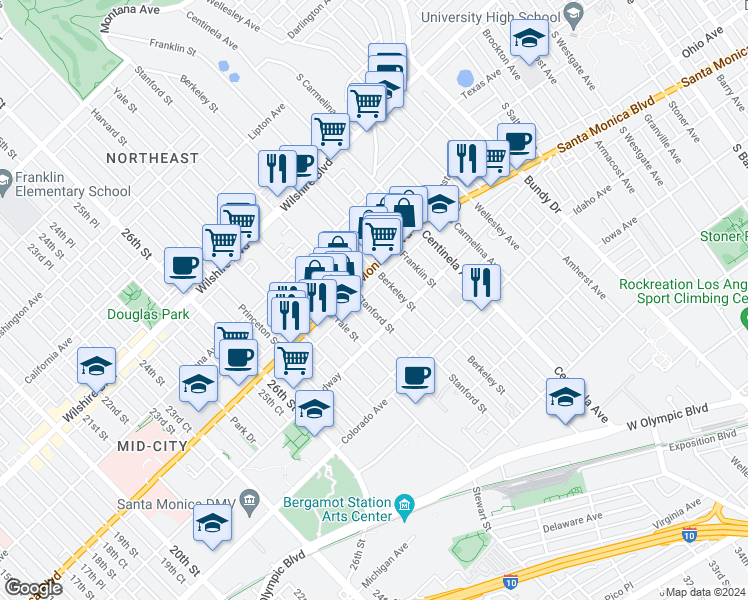 map of restaurants, bars, coffee shops, grocery stores, and more near 3012 Santa Monica Boulevard in Santa Monica