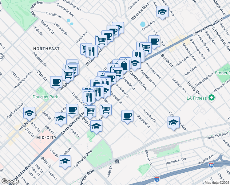 map of restaurants, bars, coffee shops, grocery stores, and more near 1425 Stanford Street in Santa Monica