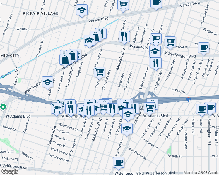 map of restaurants, bars, coffee shops, grocery stores, and more near 2323 Redondo Boulevard in Los Angeles