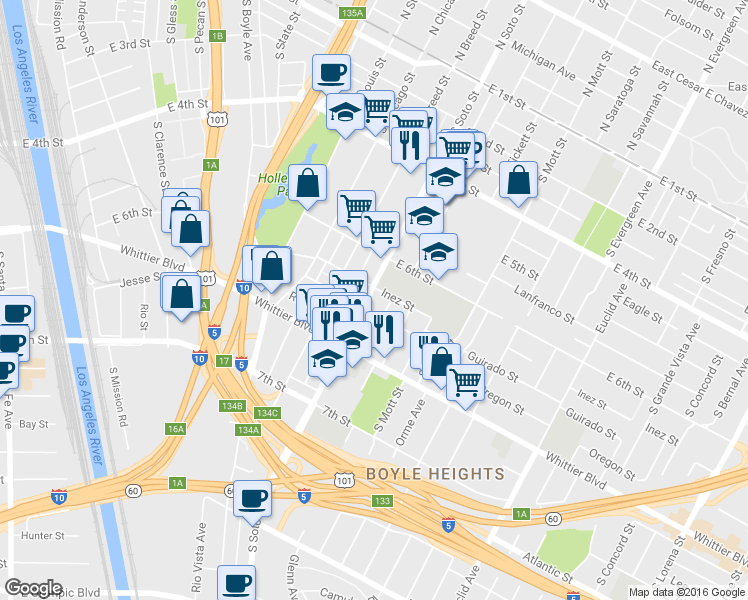 map of restaurants, bars, coffee shops, grocery stores, and more near 654 South Soto Street in Los Angeles