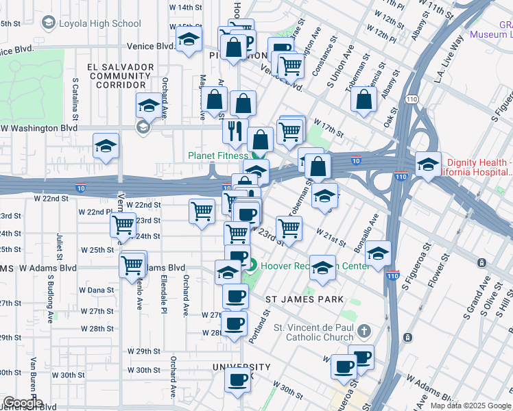 map of restaurants, bars, coffee shops, grocery stores, and more near 2102 South Union Avenue in Los Angeles