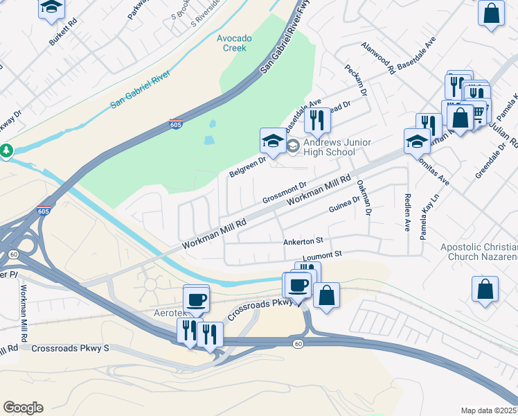 map of restaurants, bars, coffee shops, grocery stores, and more near 1308 Grossmont Drive in Whittier