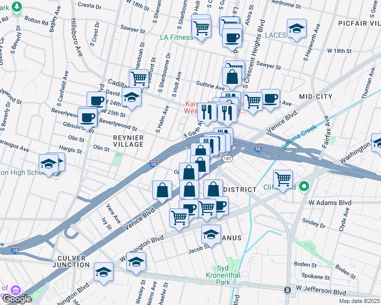 map of restaurants, bars, coffee shops, grocery stores, and more near 2606 South Garth Avenue in Los Angeles