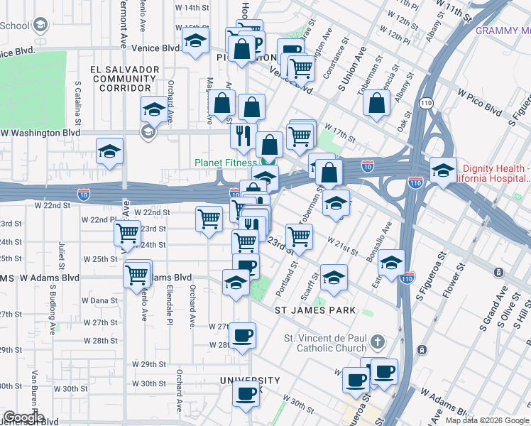 map of restaurants, bars, coffee shops, grocery stores, and more near 2119 South Union Avenue in Los Angeles