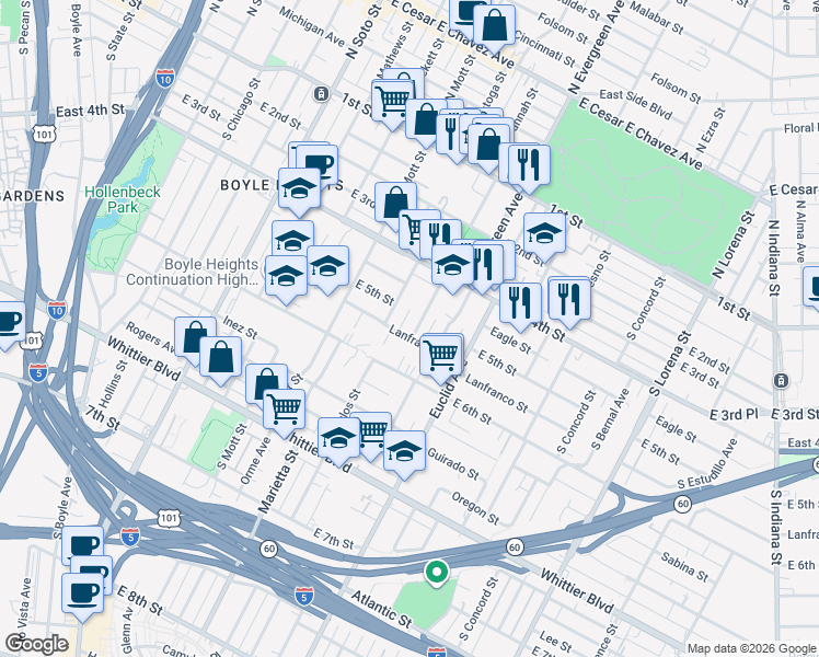 map of restaurants, bars, coffee shops, grocery stores, and more near 473 South Savannah Street in Los Angeles