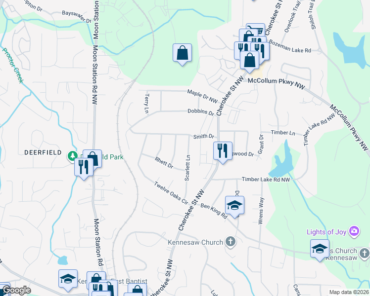 map of restaurants, bars, coffee shops, grocery stores, and more near 4011 Scarlett Lane in Kennesaw