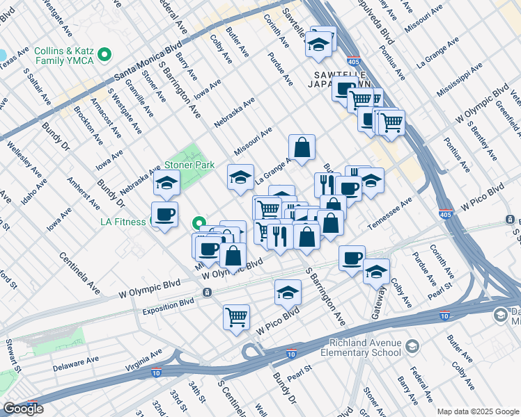 map of restaurants, bars, coffee shops, grocery stores, and more near 2032 South Barrington Avenue in Los Angeles