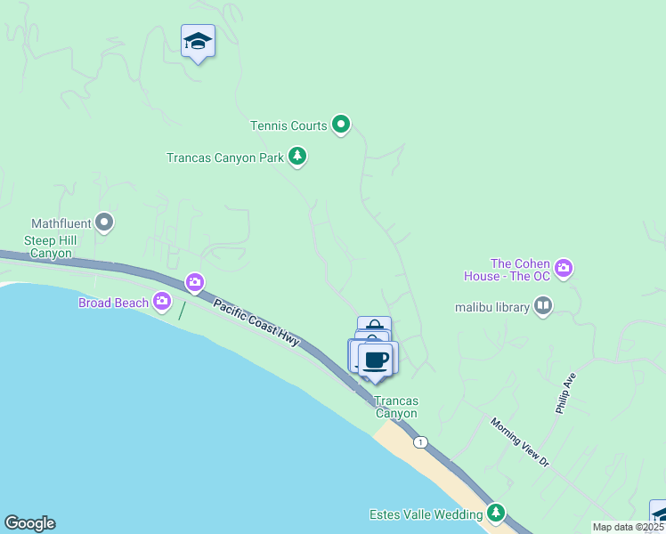 map of restaurants, bars, coffee shops, grocery stores, and more near 6236 Trancas Canyon Road in Malibu