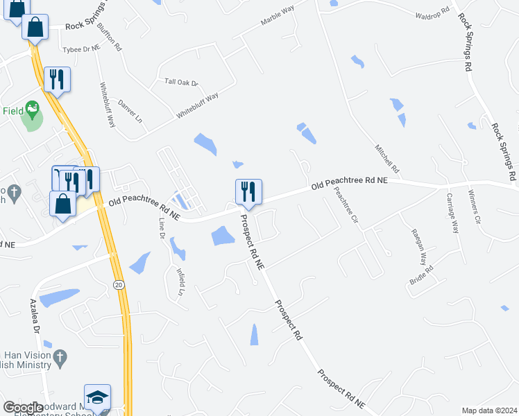 map of restaurants, bars, coffee shops, grocery stores, and more near 1619 Wilford Drive Northeast in Lawrenceville