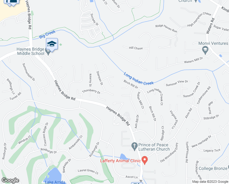 map of restaurants, bars, coffee shops, grocery stores, and more near 870 Thornberry Drive in Alpharetta