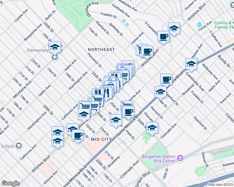 map of restaurants, bars, coffee shops, grocery stores, and more near in Santa Monica