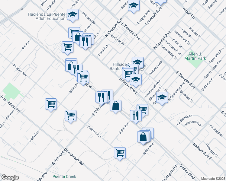 map of restaurants, bars, coffee shops, grocery stores, and more near 125 North Sunset Avenue in La Puente