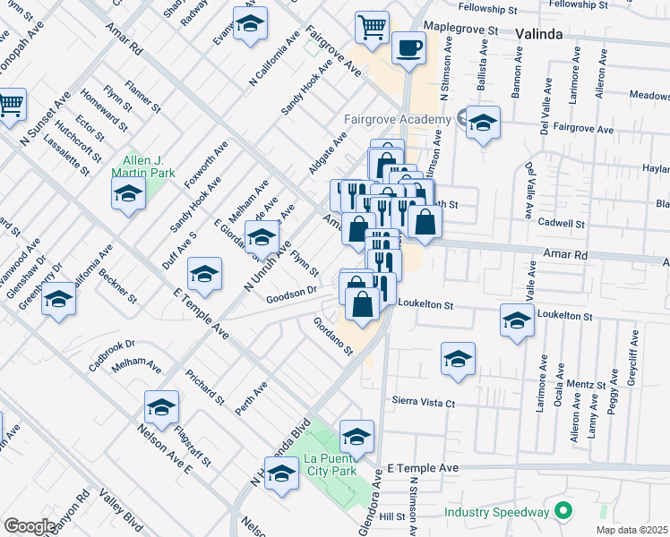 map of restaurants, bars, coffee shops, grocery stores, and more near 846 North Nantes Avenue in La Puente