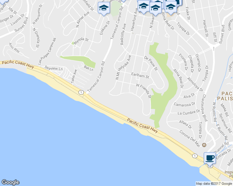 map of restaurants, bars, coffee shops, grocery stores, and more near 15515 Vía De Las Olas in Los Angeles