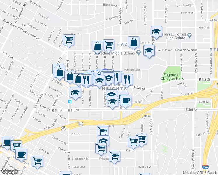 map of restaurants, bars, coffee shops, grocery stores, and more near 3720 East 1st Street in Los Angeles
