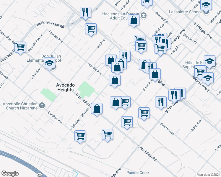 map of restaurants, bars, coffee shops, grocery stores, and more near 320 South 5th Avenue in La Puente