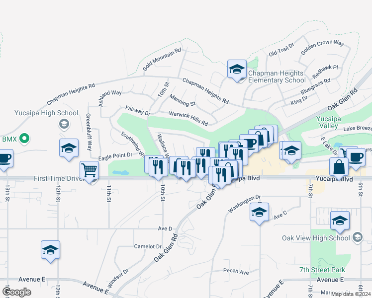 map of restaurants, bars, coffee shops, grocery stores, and more near 11959 Limestone Court in Yucaipa