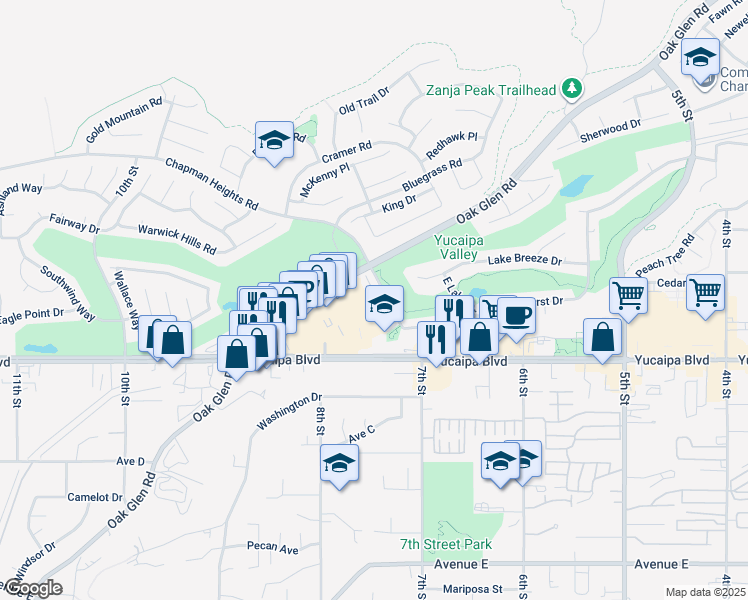 map of restaurants, bars, coffee shops, grocery stores, and more near 33800 Chapman Heights Road in Yucaipa