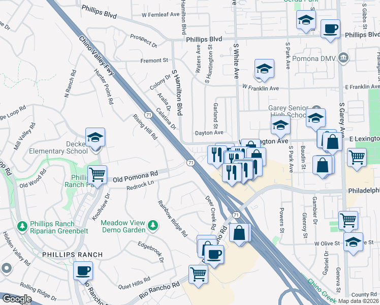 map of restaurants, bars, coffee shops, grocery stores, and more near 1045 West Lexington Avenue in Pomona