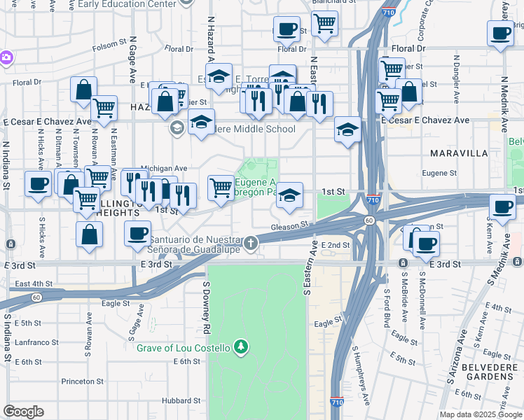map of restaurants, bars, coffee shops, grocery stores, and more near 105 South Carmelita Avenue in Los Angeles