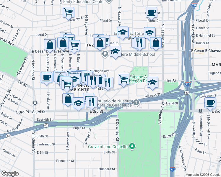 map of restaurants, bars, coffee shops, grocery stores, and more near 120 North Bonnie Beach Place in Los Angeles