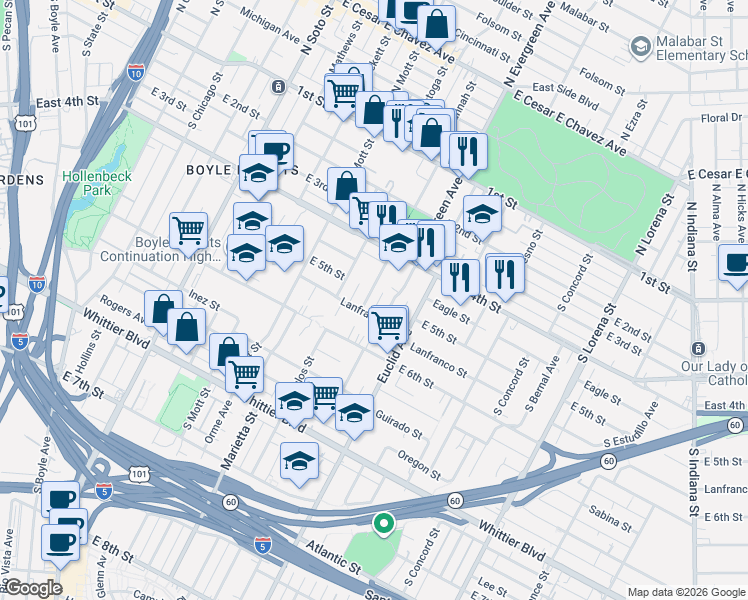 map of restaurants, bars, coffee shops, grocery stores, and more near 450 South Savannah Street in Los Angeles