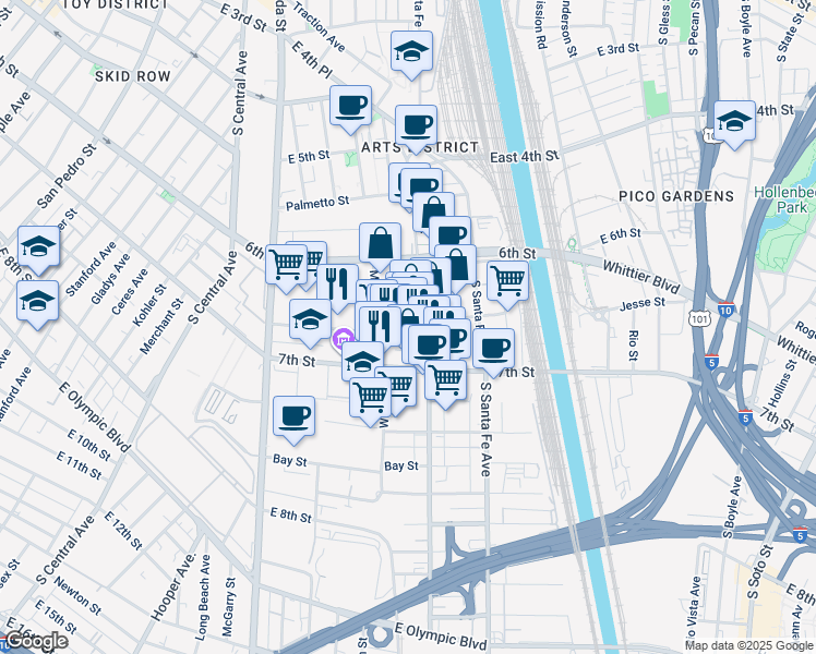 map of restaurants, bars, coffee shops, grocery stores, and more near 647 Mateo Street in Los Angeles