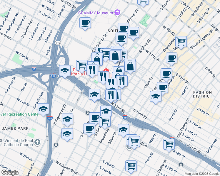 map of restaurants, bars, coffee shops, grocery stores, and more near 1414 South Grand Avenue in Los Angeles