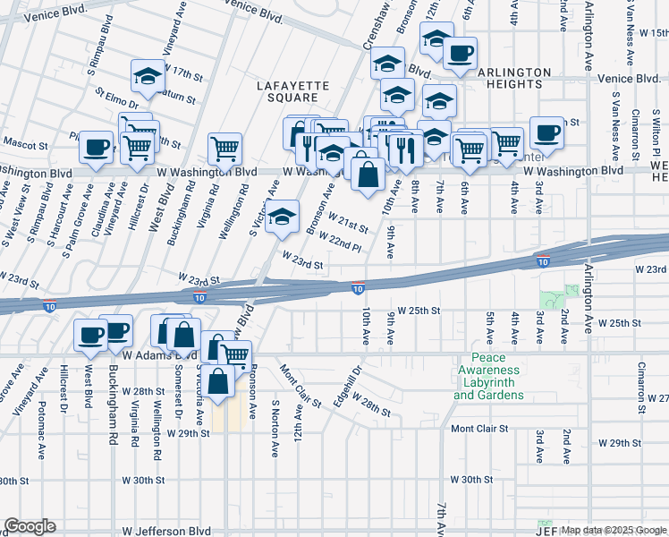 map of restaurants, bars, coffee shops, grocery stores, and more near 4057 West 23rd Street in Los Angeles