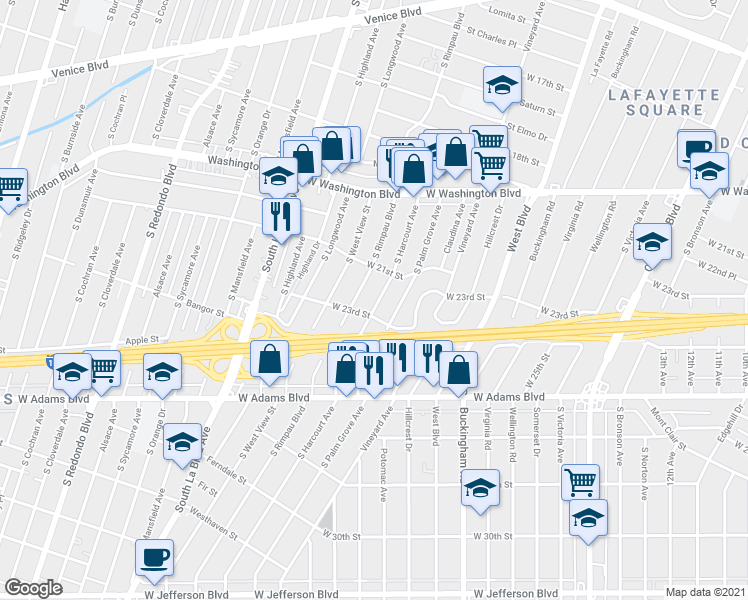 map of restaurants, bars, coffee shops, grocery stores, and more near 2119 South Harcourt Avenue in Los Angeles