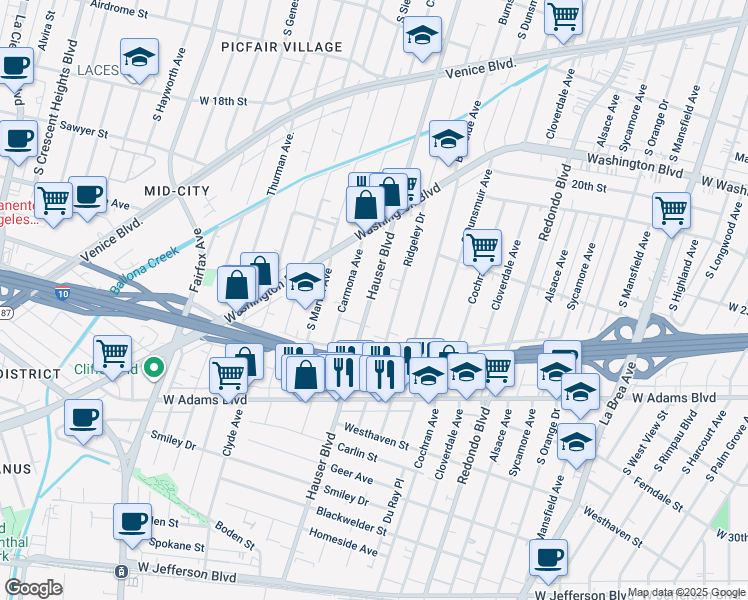 map of restaurants, bars, coffee shops, grocery stores, and more near 2226 Carmona Avenue in Los Angeles