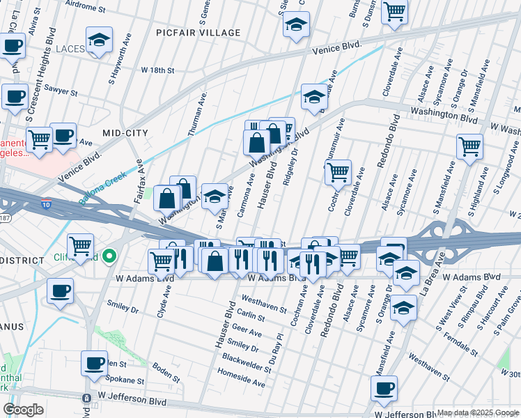 map of restaurants, bars, coffee shops, grocery stores, and more near 2226 Carmona Avenue in Los Angeles