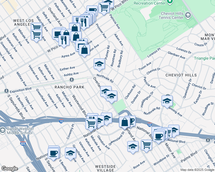map of restaurants, bars, coffee shops, grocery stores, and more near 2760 Dunleer Place in Los Angeles