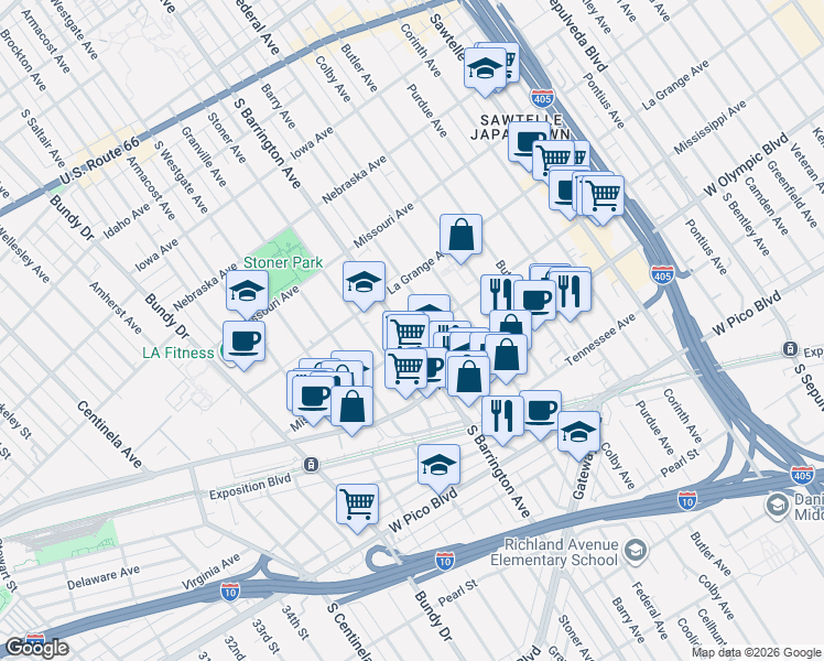 map of restaurants, bars, coffee shops, grocery stores, and more near 2032 South Barrington Avenue in Los Angeles