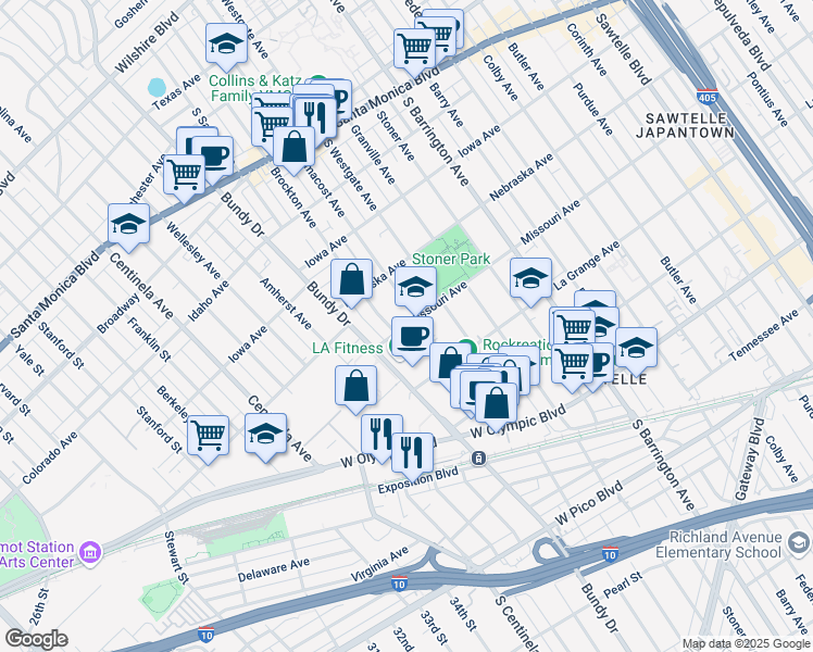 map of restaurants, bars, coffee shops, grocery stores, and more near 1838 Brockton Avenue in Los Angeles