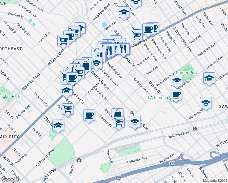 map of restaurants, bars, coffee shops, grocery stores, and more near 12405 Idaho Avenue in Los Angeles