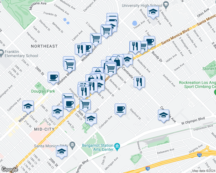 map of restaurants, bars, coffee shops, grocery stores, and more near 3012 Santa Monica Boulevard in Santa Monica