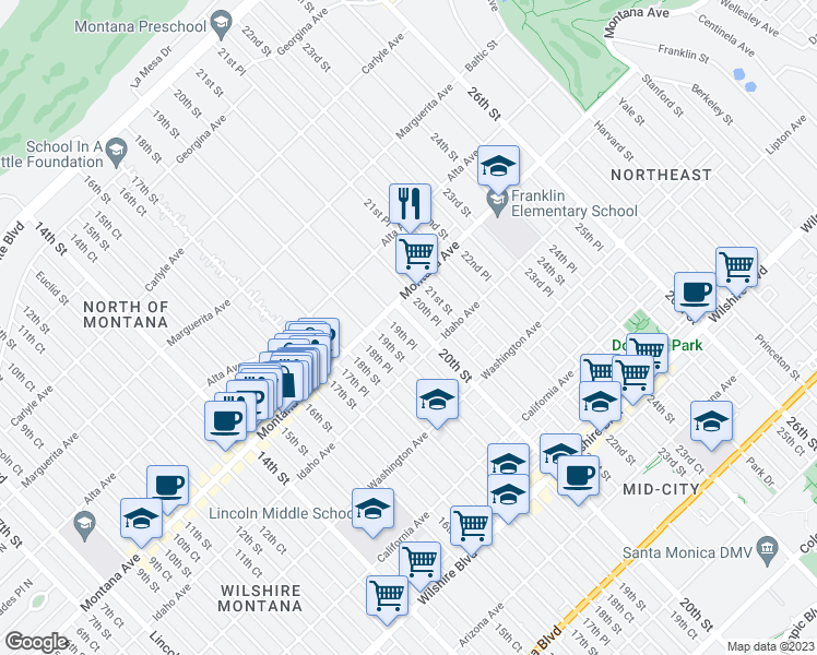 map of restaurants, bars, coffee shops, grocery stores, and more near 1932 Montana Avenue in Santa Monica