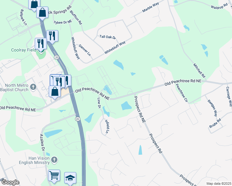 map of restaurants, bars, coffee shops, grocery stores, and more near 2212 Whistler Way Northeast in Lawrenceville