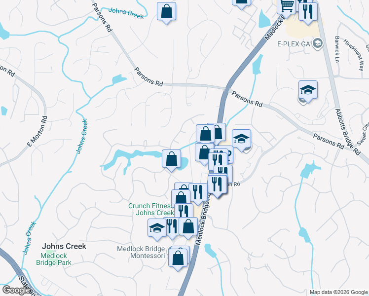 map of restaurants, bars, coffee shops, grocery stores, and more near 930 Park Lane Court in Alpharetta